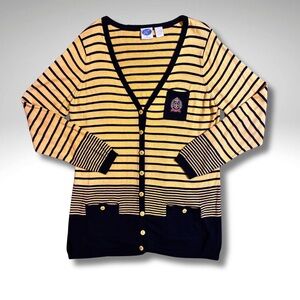 Vintage Diane Gilman DG Yellow & Black Striped Crest Button Cardigan Sweater L